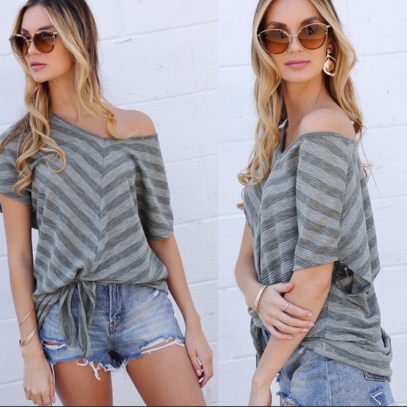 CIERA Front Tie Striped Top - OLIVE - Picture 2 of 4